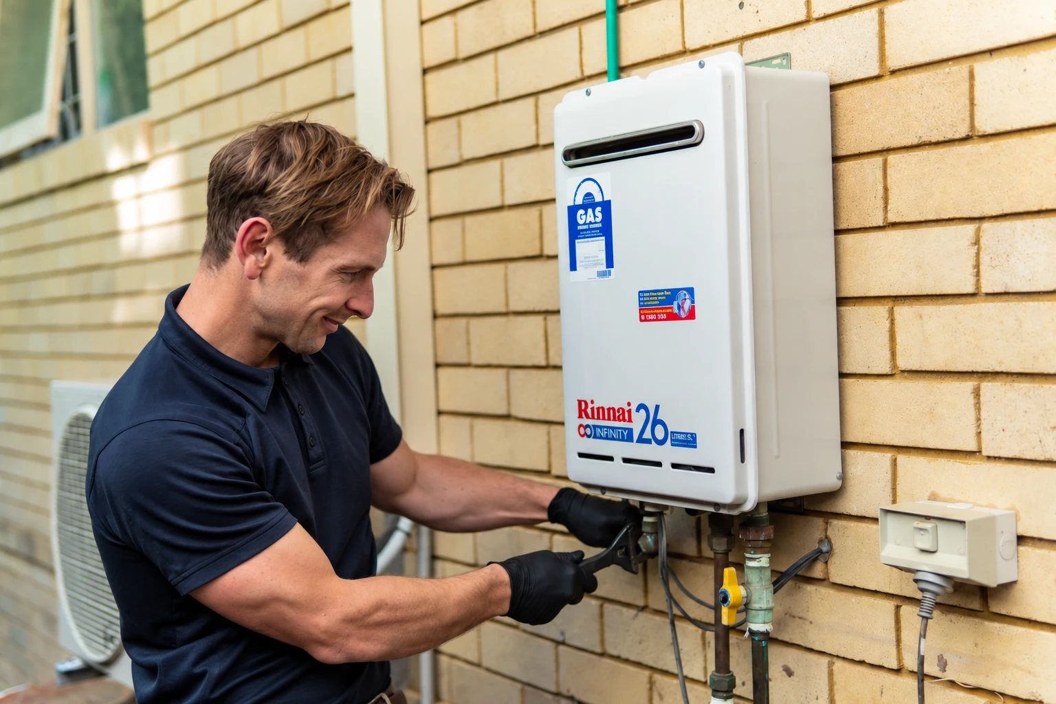 Plumber installing a gas hot water system